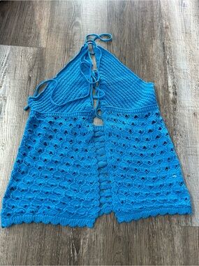 SHEIN Bright Blue Crochet Halter Sweater Vest